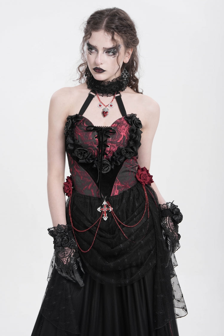 Red Halterneck Sleeveless Embroidery Stitching Rose Heart Lace Women's Gothic Blouse - Red - 1