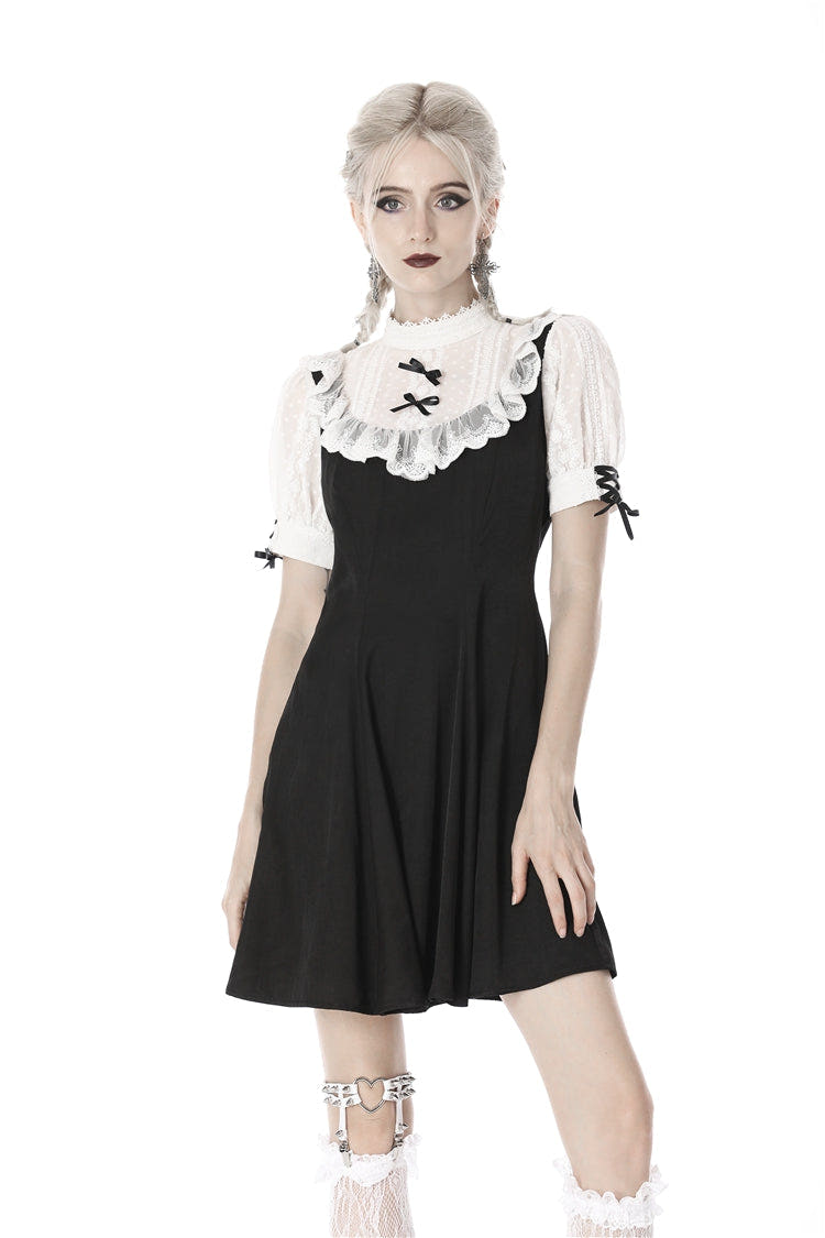 Black/White Stand Collar Short Sleeves Ruffled Women's Sweet Gothic Lolita Doll Midi Dress - Black/White - 1