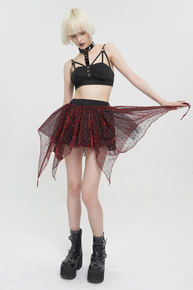Red Bright Mesh Metal Buckle Decoration Playful And Cute Tutu Short Women's Punk Skirt - Product - 6