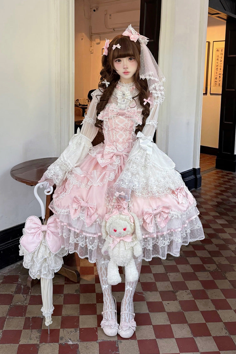 Pink [Sweetheart] Sleeveless Multi-Layered Embroidered Bow Lace Lace-Up Sweet Lolita Jsk Dress - Product - 9