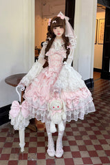 Pink [Sweetheart] Sleeveless Multi-Layered Embroidered Bow Lace Lace-Up Sweet Lolita Jsk Dress - Product - 9