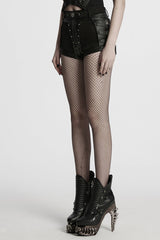 Black Stitching Faux Leather Mesh Studded Women's Punk Shorts - Product - 2