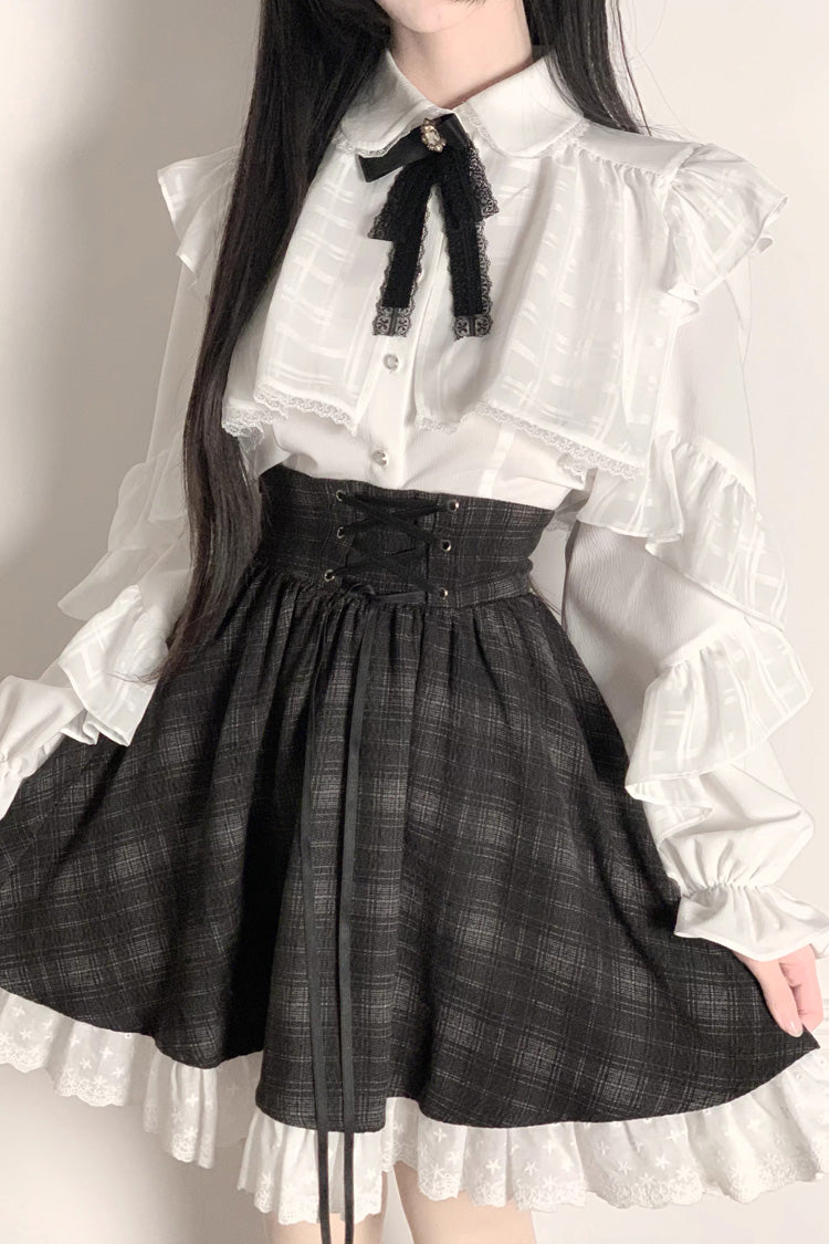 Black/White Long Sleeves Plaid Printed Lace Lace-Up Sweet Jirai Kei Skirt Set - Product - 4