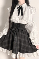 Black/White Long Sleeves Plaid Printed Lace Lace-Up Sweet Jirai Kei Skirt Set - Product - 4
