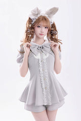 Grey Short Sleeves Ruffle Bowknot Fake Two Pieces Jirai Kei Japanese Dress Shorts - Grey - 1