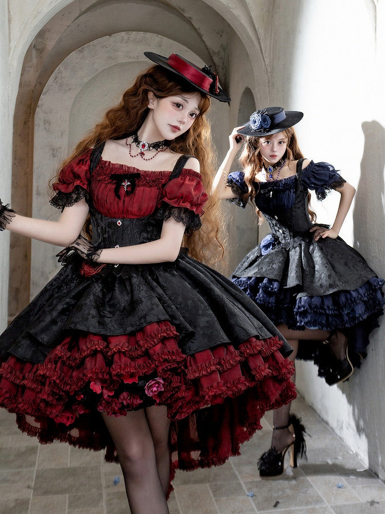 Red & Black Gothic Underbust JSK Dress and Off-Shoulder Blouse Set front view