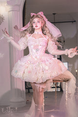 Pink [Dream Garden] Ruffle Hanayome Embroidery Bowknot Lace Fishbone Sweet Princess Gorgeous Lolita Jsk Dress - Product - 7