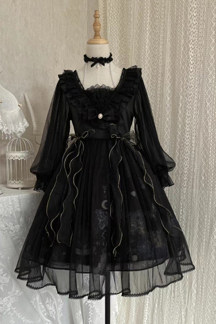 Black High Waisted Planet Butterfly Print Ruffle Lace Gothic Lolita Dress - Product - 14