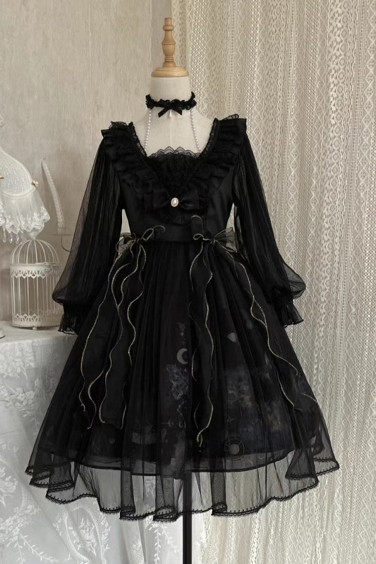 Black High Waisted Planet Butterfly Print Ruffle Lace Gothic Lolita Dress - Product - 14