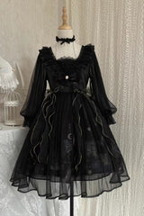 Black High Waisted Planet Butterfly Print Ruffle Lace Gothic Lolita Dress - Product - 14