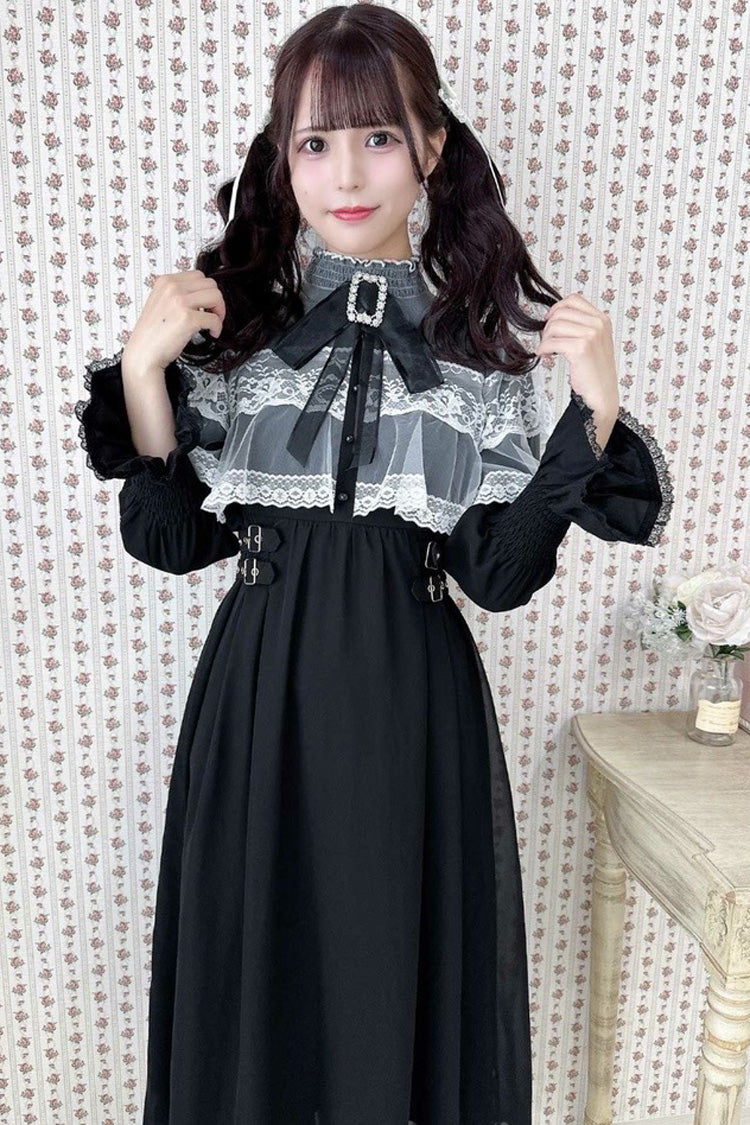 Lace Cape Long Sleeves Bowknot Slim Jirai Kei Japanese Dress 5 Colors - Product - 6