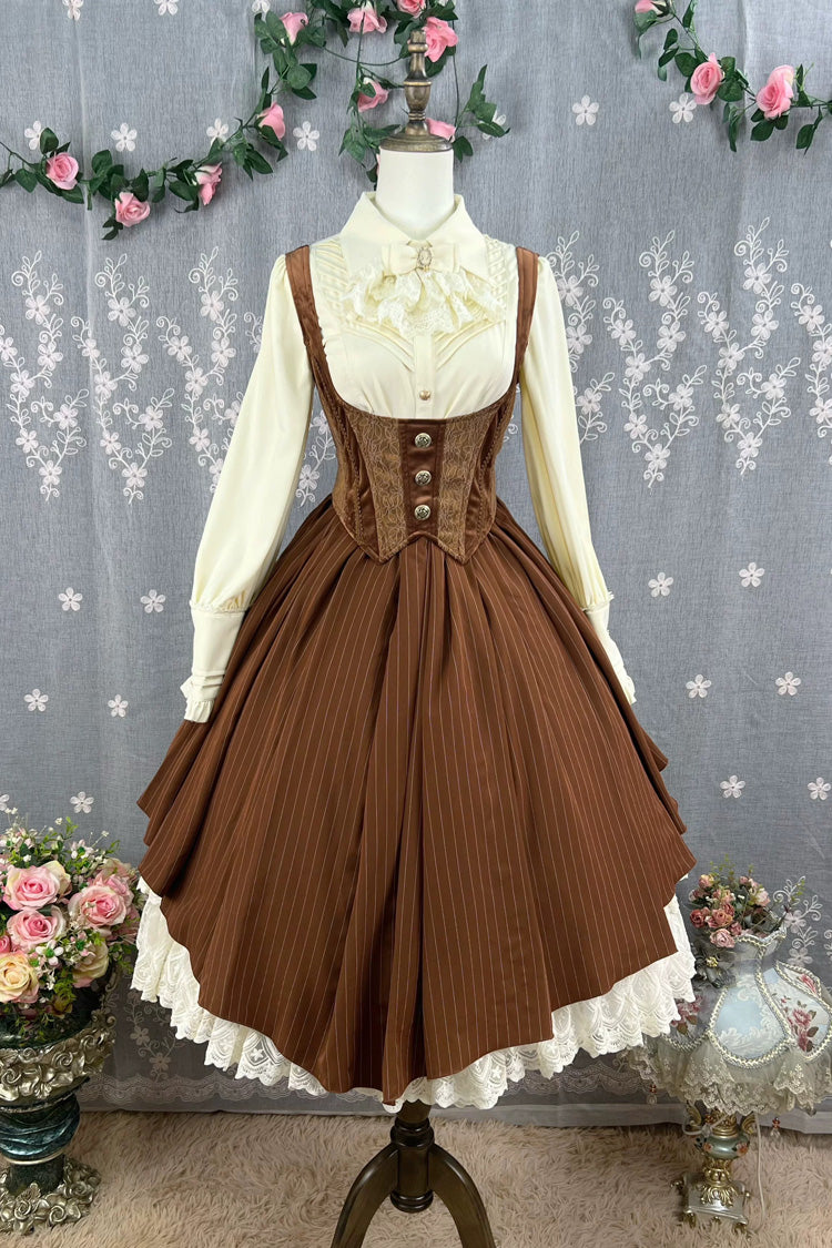 [Dreamlike Realm] Sleeveless Printed Ruffled Embroidered Bustier Elegant Sweet Lolita Jsk Dress 4 Colors - Brown(Long) - 21