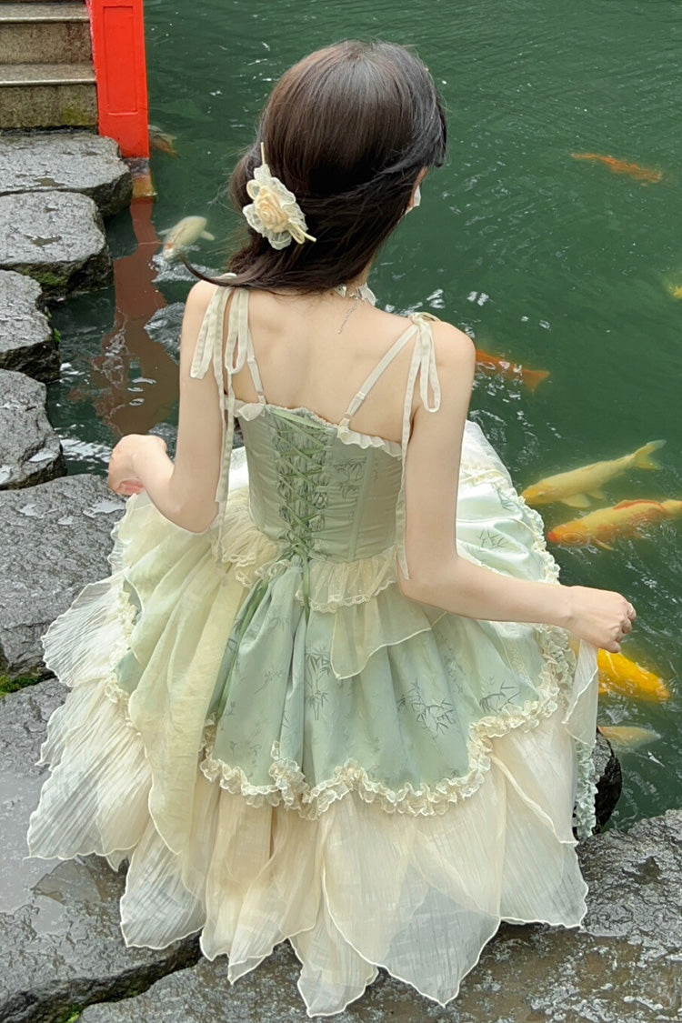Green [Tea Bamboo Song] Sleeveless Jacquard Ruffle Bowknot Lace Irregular Sweet Chinese Style Ballet Lolita Jsk Dress Short Version Set - Product - 3