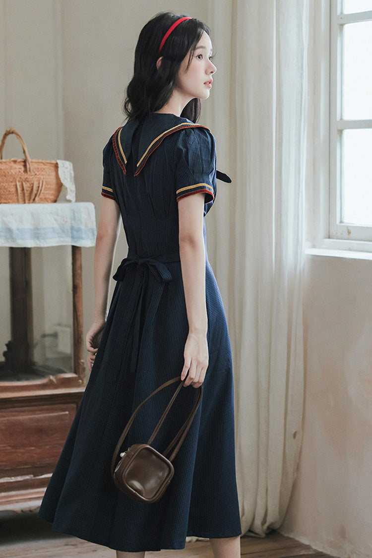Dark Blue Navy Collar Short Sleeves Subtle Pattern Bow Classic College Style Lolita Dress - Product - 8