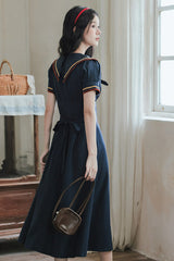 Dark Blue Navy Collar Short Sleeves Subtle Pattern Bow Classic College Style Lolita Dress - Product - 8