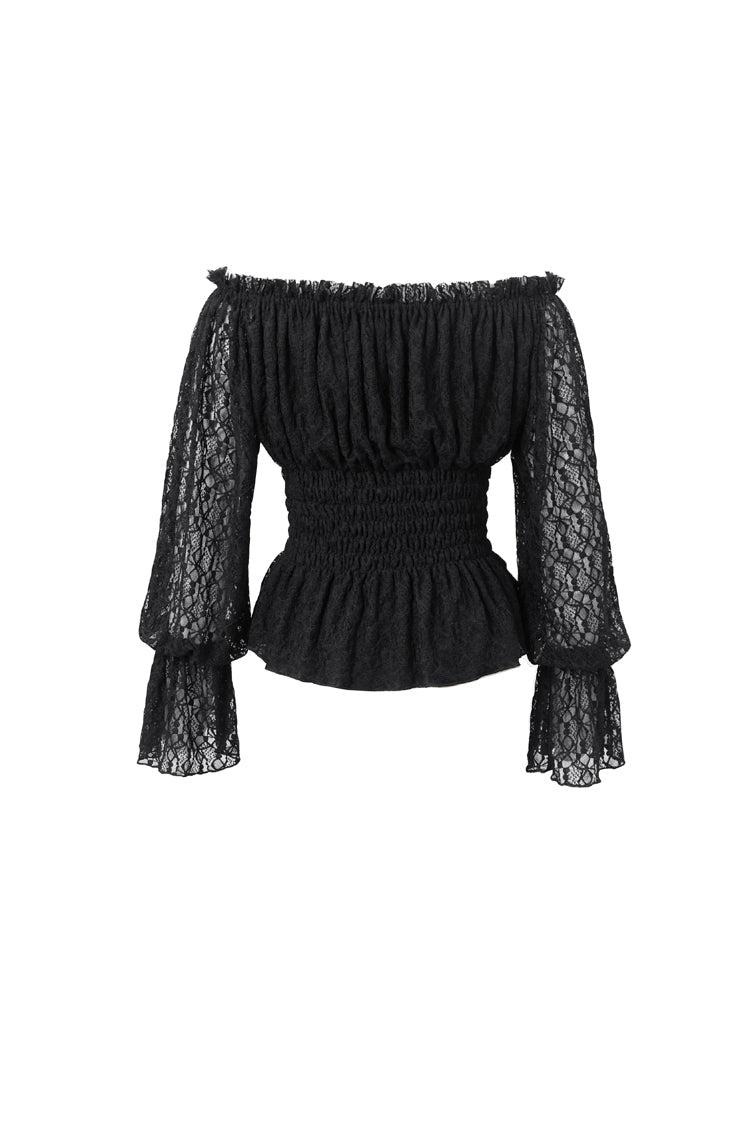 Black Off Shoulder Long Sleeves Ruffle Lace Women's Gothic Blouse - Product - 6