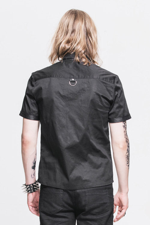 Black Locomotive Lapel Collar Short Sleeves Cotton Mens Punk Blouse - Product - 4