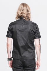 Black Locomotive Lapel Collar Short Sleeves Cotton Mens Punk Blouse - Product - 4
