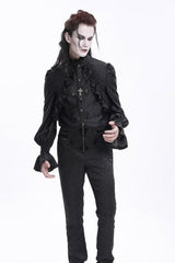 Black Stand Collar Long Sleeves Ruffle Lace Cross Men's Gothic Blouse - Product - 9