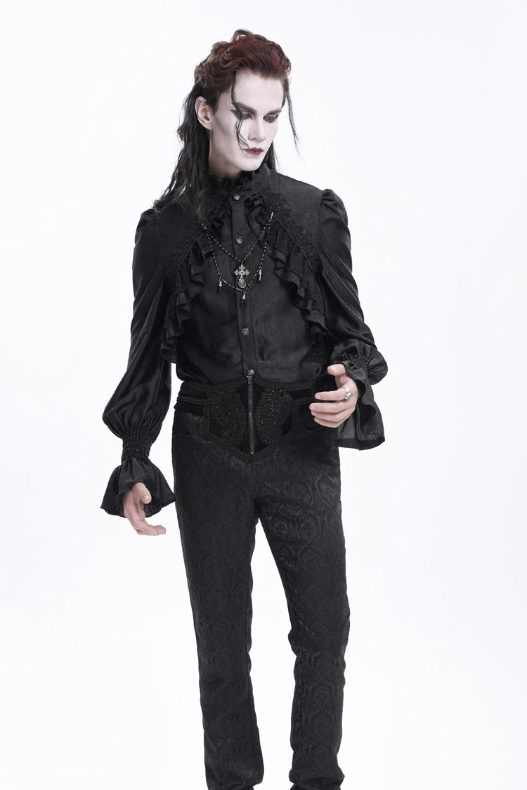 Black Stand Collar Long Sleeves Ruffle Lace Cross Men's Gothic Blouse - Product - 9