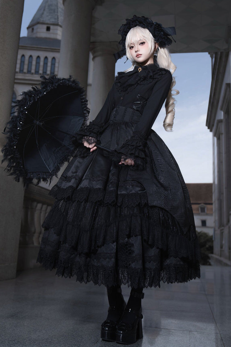Black [Immortality Taboo] Multi-Layered Ruffled Open-Front Lace Elegant Gorgeous Gothic Lolita Skirt - Black - 1