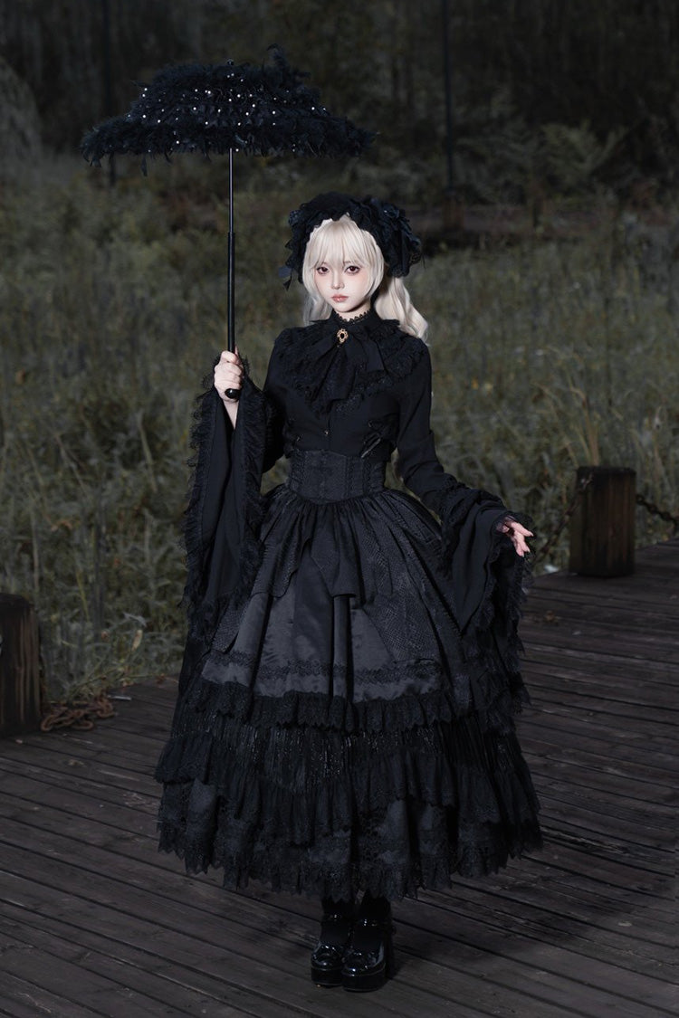 Black [Immortality Taboo] Multi-Layered Ruffled Open-Front Lace Elegant Gorgeous Gothic Lolita Skirt - Product - 2