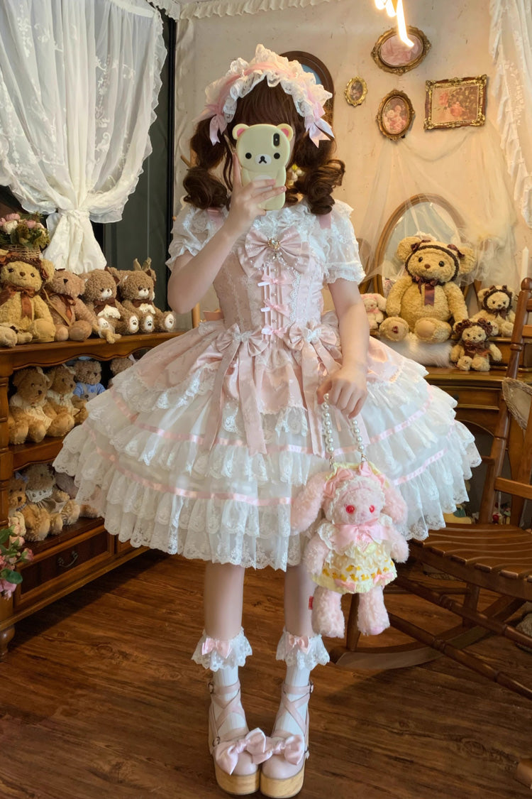 Pink [Snow Kissed Romance] Sleeveless High Waisted Multi-Layered Bowknot Lace Pearl Sweet Ballet Lolita Jsk Dress - Product - 5