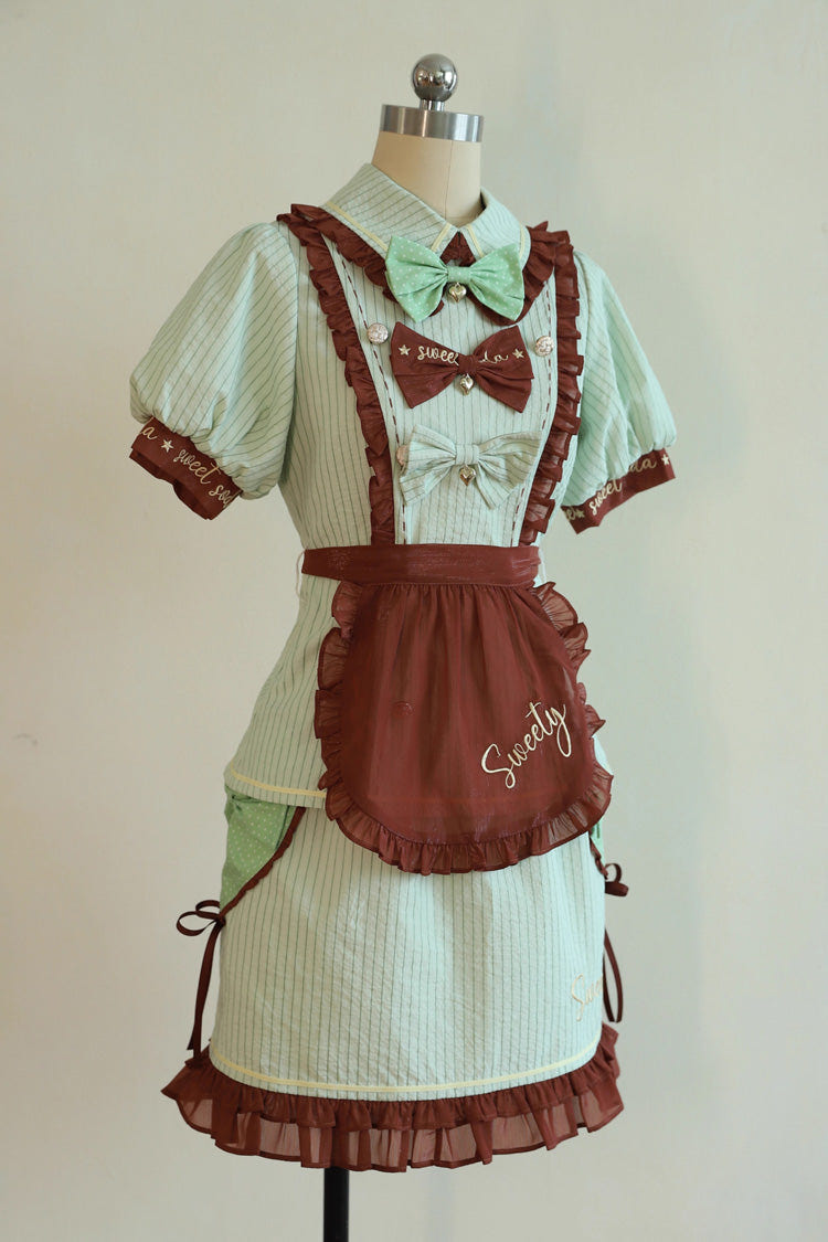 Green [Sweet Soda] Short Sleeves Print Ruffle Bowknot Apron Sweet Vintage Lolita Skirt Set - Green - 1