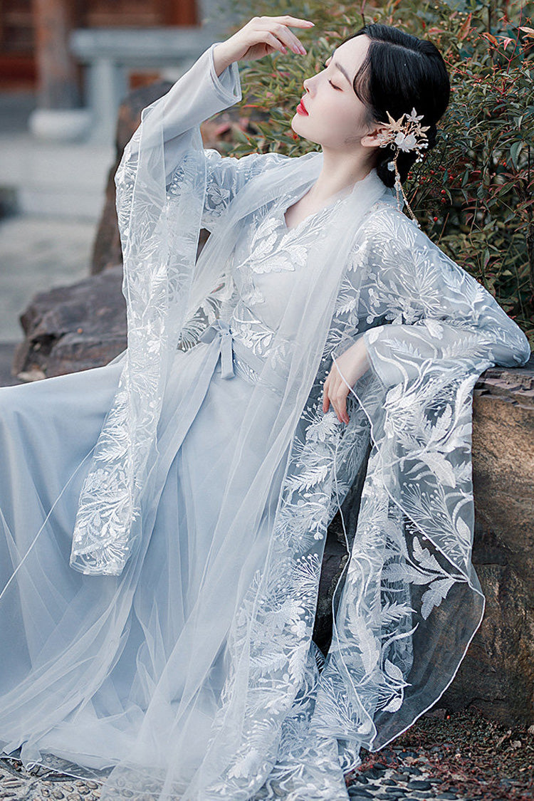 Fairy-Like Ancient Chinese Inspired Long Sleeves Embroidered Casual Hanfu Dress Set 3 Colors - Product - 10