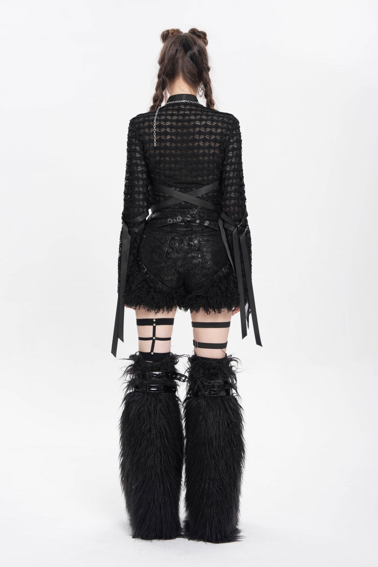 Black Stand Collar Long Sleeves Mesh Buckle Straps Women's Punk Blouse - Product - 4