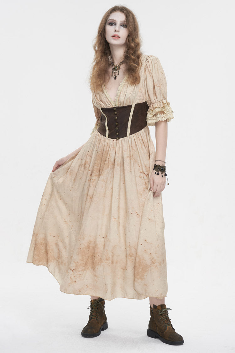 Apricot Plunging Puff Sleeved High Waisted Lace Hem Long Women's Punk Dress - Apricot - 1