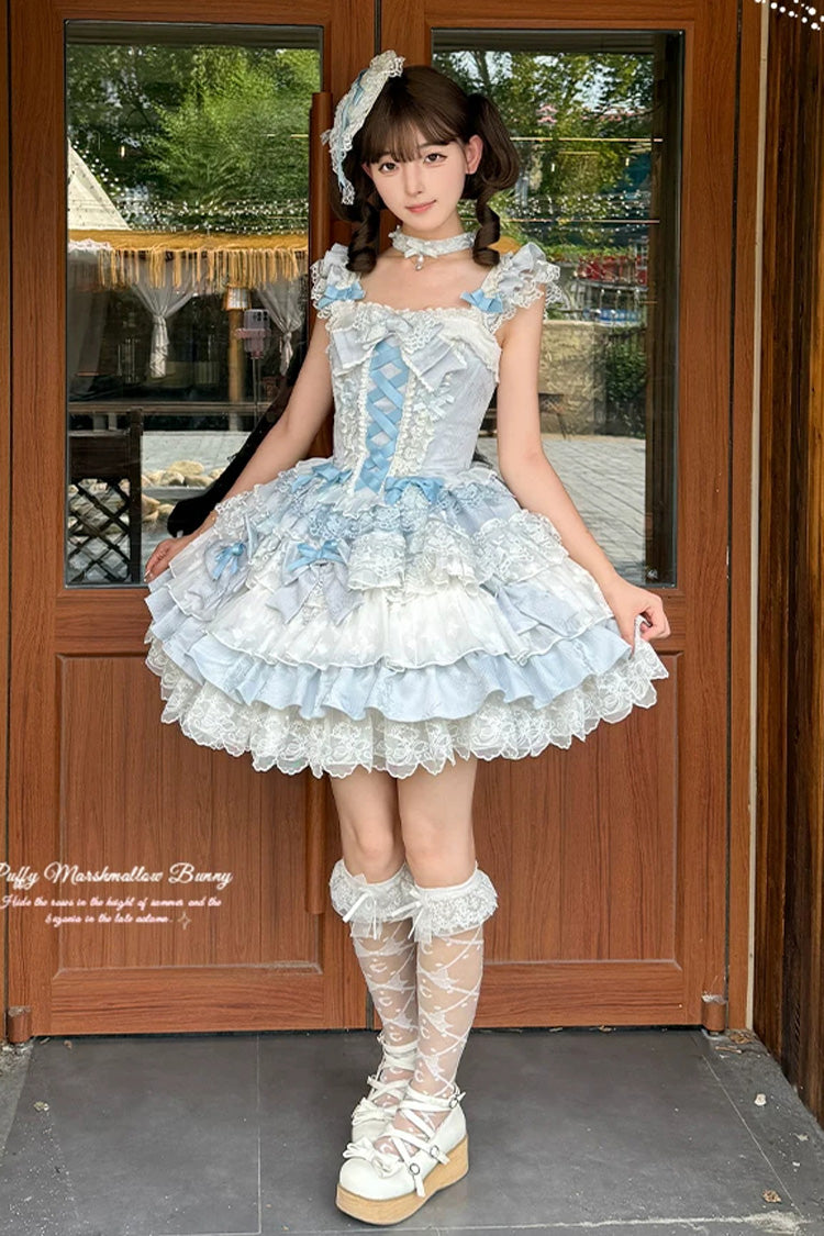 Blue [Honey Sweet Tart] Square Collar Sleeveless Multi-Layered Jacquard Ruffled Bow Lace Lace-Up Lolita Jsk Dress - Product - 6