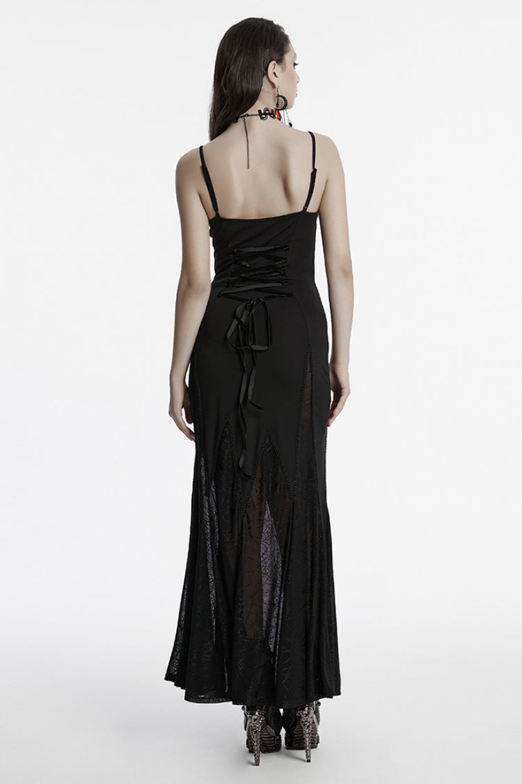 Black Sleeveless Plunging Sipder Stitching Mesh Women's Gothic Party Dress - Product - 3