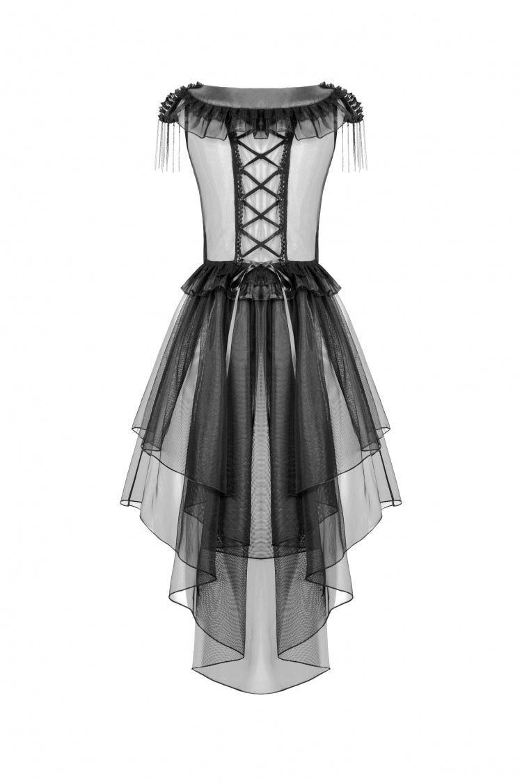 ブラック Vカラー ノースリーブ ティアード フリル Sheer メッシュ レディース パンク ワンピース 商品画像