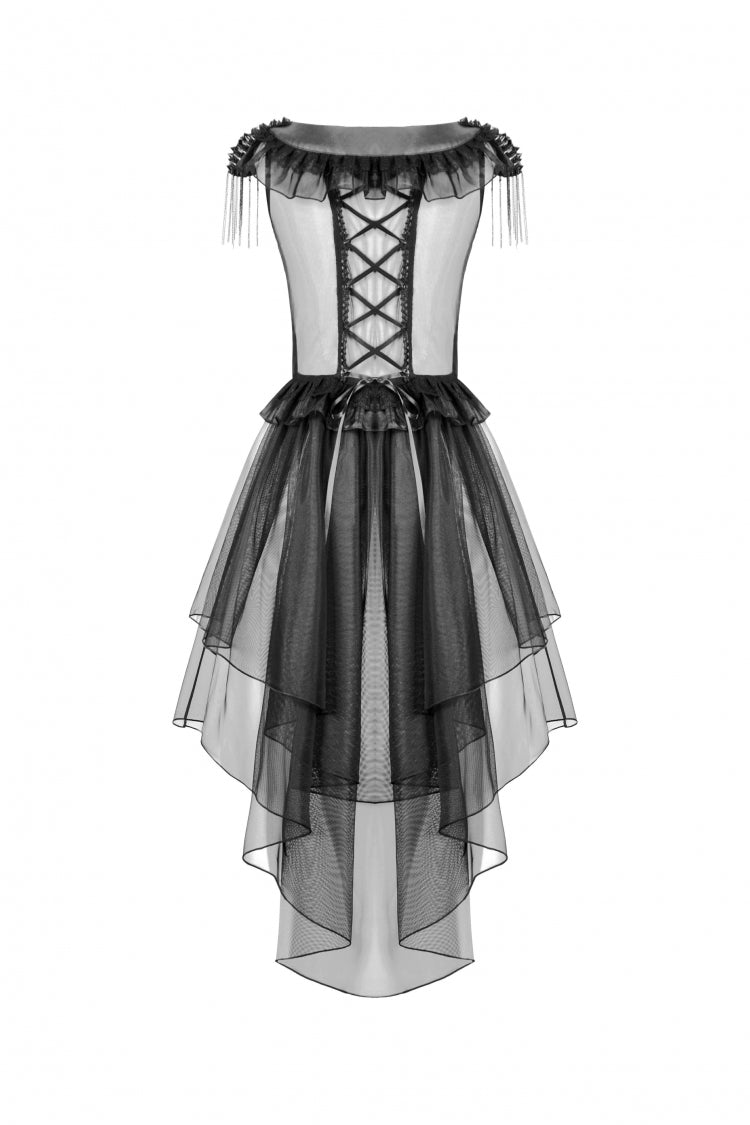 Black V Collar Sleeveless Multi-Layered Ruffled Sheer Mesh Women's Punk Dress - Product - 12