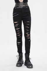 Black High Waisted Loophole Ripped Buckle Women's Punk Pants - Product - 2