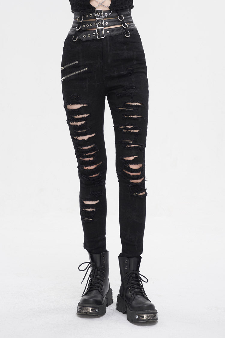 Black High Waisted Loophole Ripped Buckle Women's Punk Pants - Product - 2