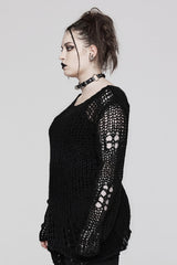 Round Collar Striped Print Irregular Ripped Women's Gothic Sweater 4 Colors - Product - 10