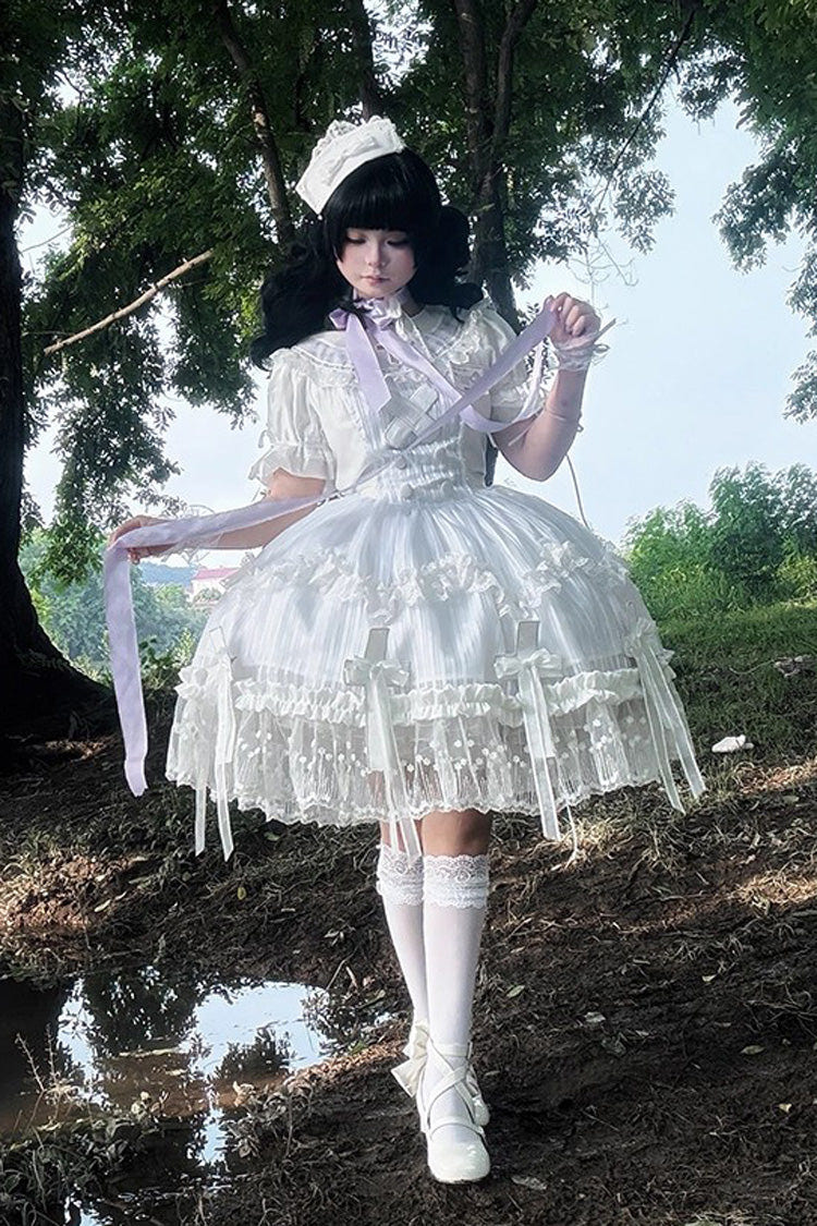 White Short Sleeves Ruffle Bowknot Lace Gothic Elegant Lolita Dress - Product - 9