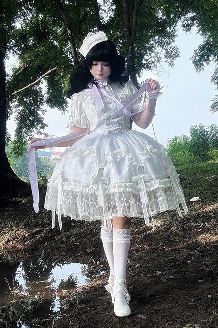 White Short Sleeves Ruffle Bowknot Lace Gothic Elegant Lolita Dress - Product - 9