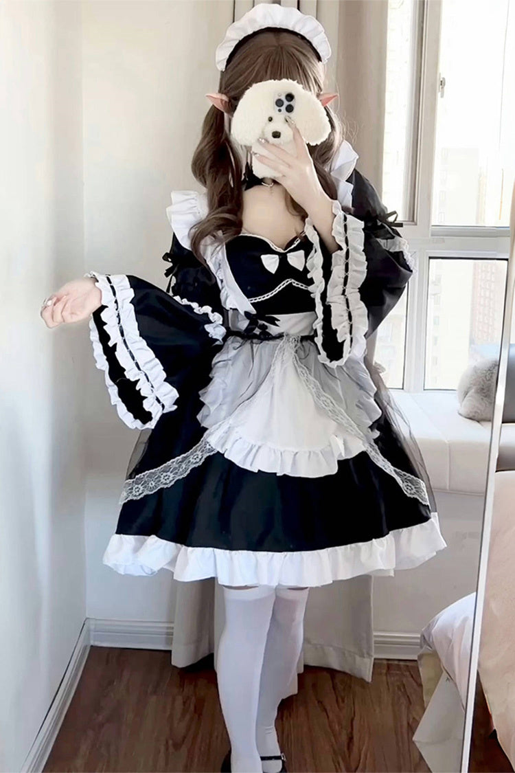 Black/White Maid Long Hime Sleeves Ruffle Bowknot Sweet Plus Size Lolita Dress Full Set - Product - 3