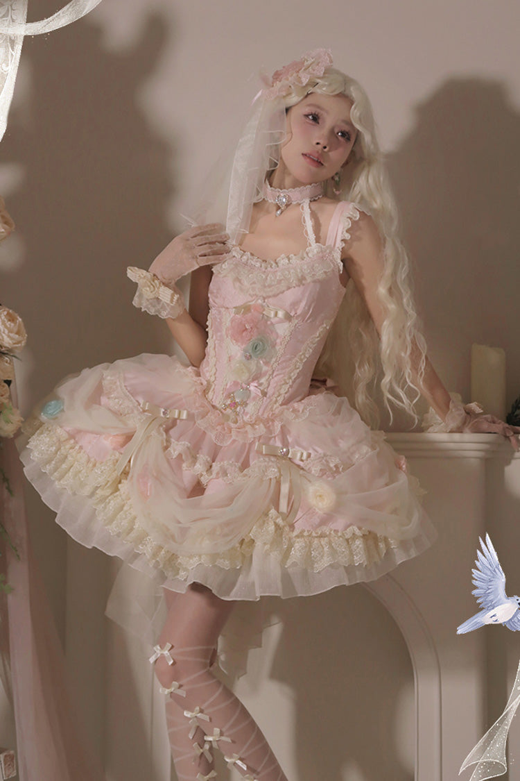 Pink [Dream Garden] Ruffle Hanayome Embroidery Bowknot Lace Fishbone Sweet Princess Gorgeous Lolita Jsk Dress - Product - 13