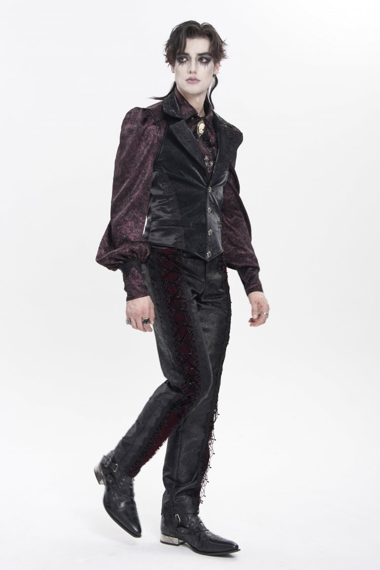 Black/Red Jacquard Spliced Lace-Up Slim Men's Gothic Velvet Palace Pants - Product - 10