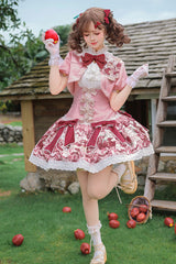 Pink/Red [Strawberry Doll Fantasy] Stand Collar Short Sleeves Jacquard Printed Bow Sweet Lolita Dress Set - Pink/Red(Set) - 1