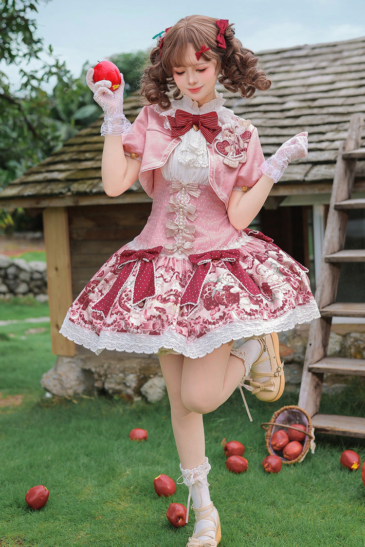 Pink/Red [Strawberry Doll Fantasy] Stand Collar Short Sleeves Jacquard Printed Bow Sweet Lolita Dress Set - Pink/Red(Set) - 1