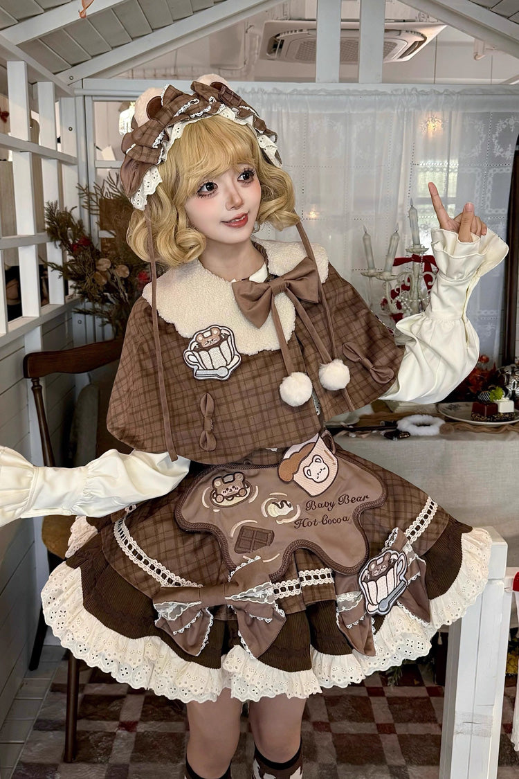 Brown [Hot Cocoa Little Bear] Sleeveless Print Ruffle Bowknot Lace Sweet Lolita Jsk Dress - Product - 5