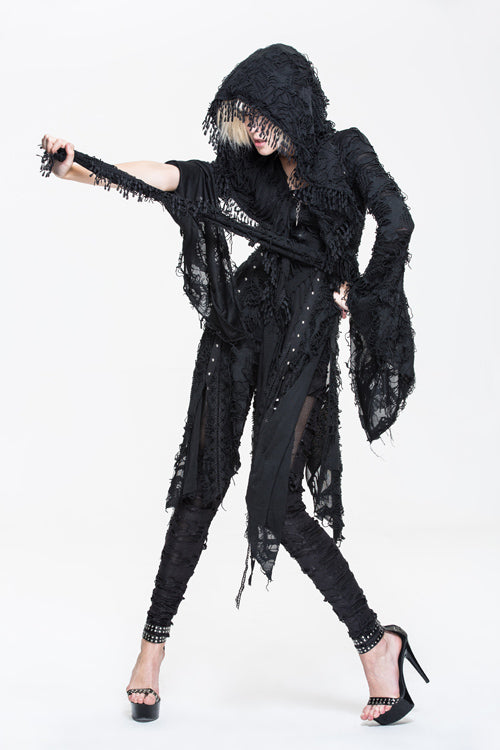 Black Ragged Horn Sleeves Womens Punk Long Coat - Product - 4