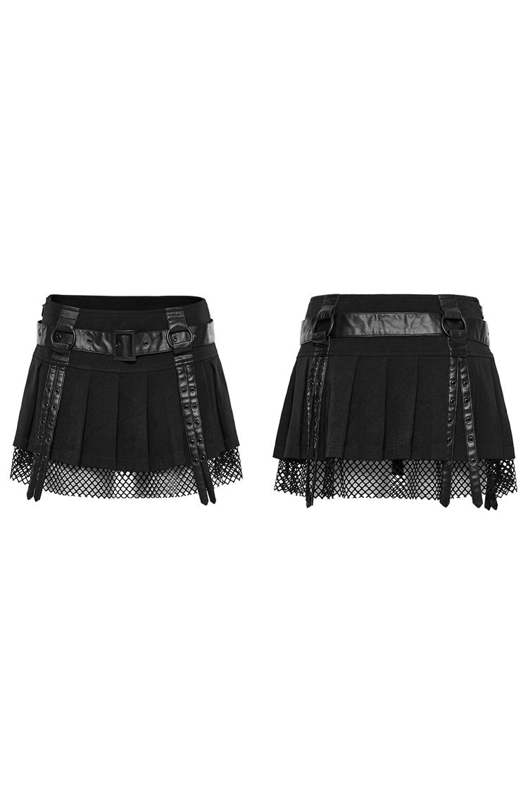 Black Stitching Mesh Straps Pleated Women's Punk Skirt - Product - 5