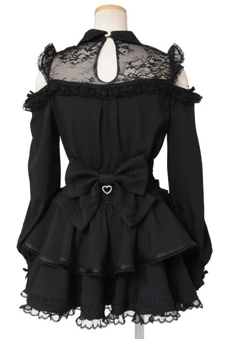 Sweet Lapel Collar Off Shoulder Long Sleeves Bow Spliced Lace Plus Size Japanese Lolita Blouse 3 Colors - Product - 3