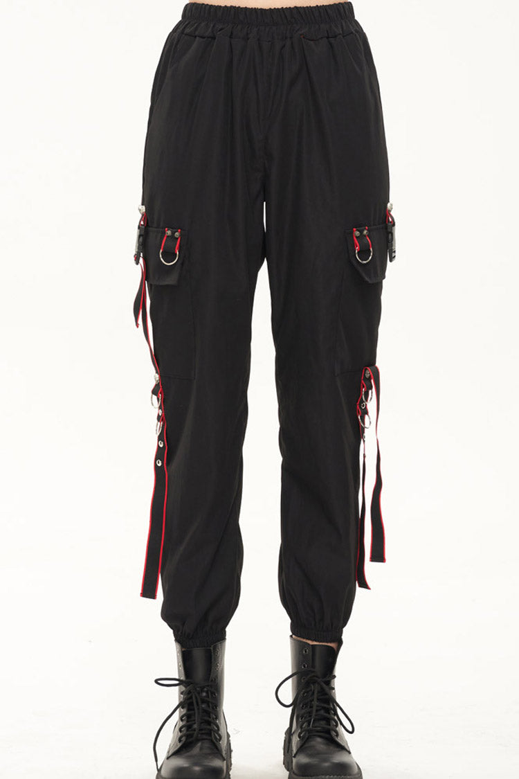 Black Punk Casual Skull Webbing Decoration Women's Long Pants - Product - 3